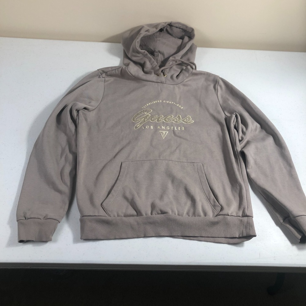 Guess Hoodie‎ Sweatshirt Womens Medium Lt. Brown Sequin Streetwear Casual Skater